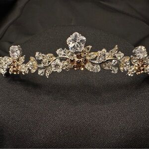 Vintage Two-Tone Crystal Floral Bridal Tiara - Topaz and Clear